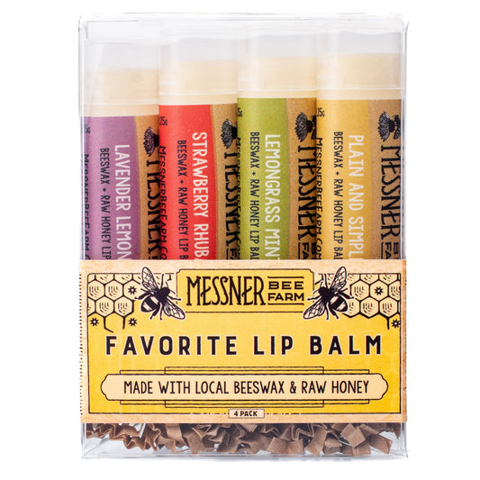 Pack of Messner Bee Farm lip balms with colorful packaging on a white background