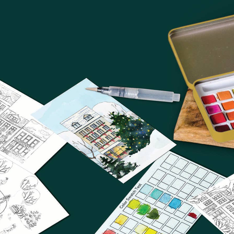 Coloring book pages with a watercolor set on a dark green background