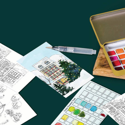 Coloring book pages with a watercolor set on a dark green background