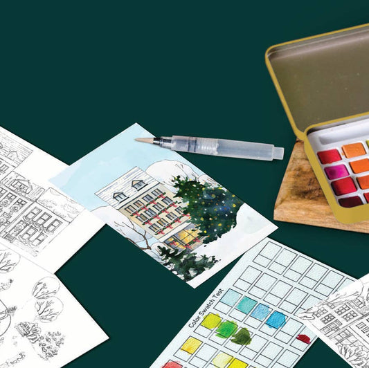 Coloring book pages with a watercolor set on a dark green background