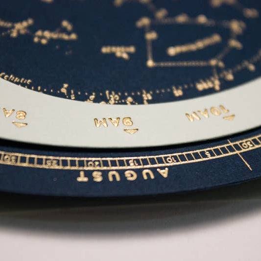Star map with gold constellations and labels on a blue background