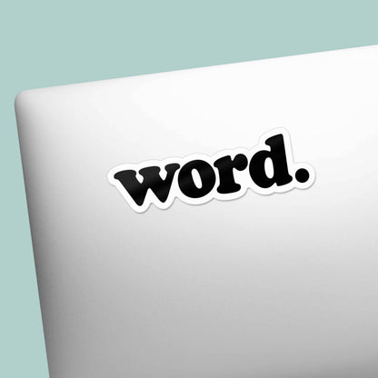 Laptop with a 'word.' sticker on a light blue background