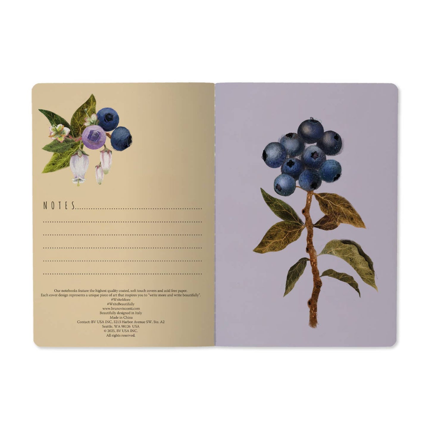 Notebook with floral and blueberry design on a white background