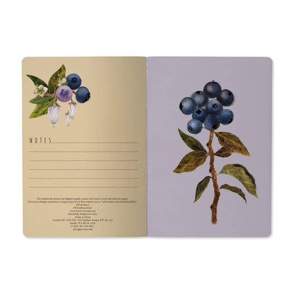 Notebook with floral and blueberry design on a white background