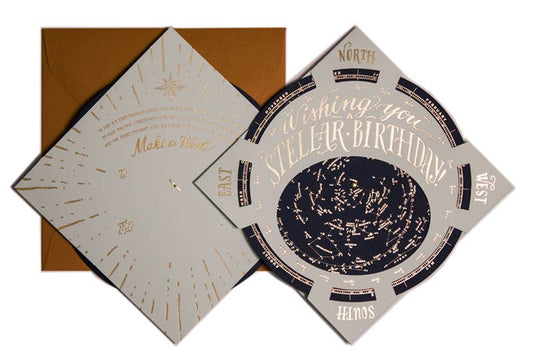 Stellar birthday invitation with star map design on a white background