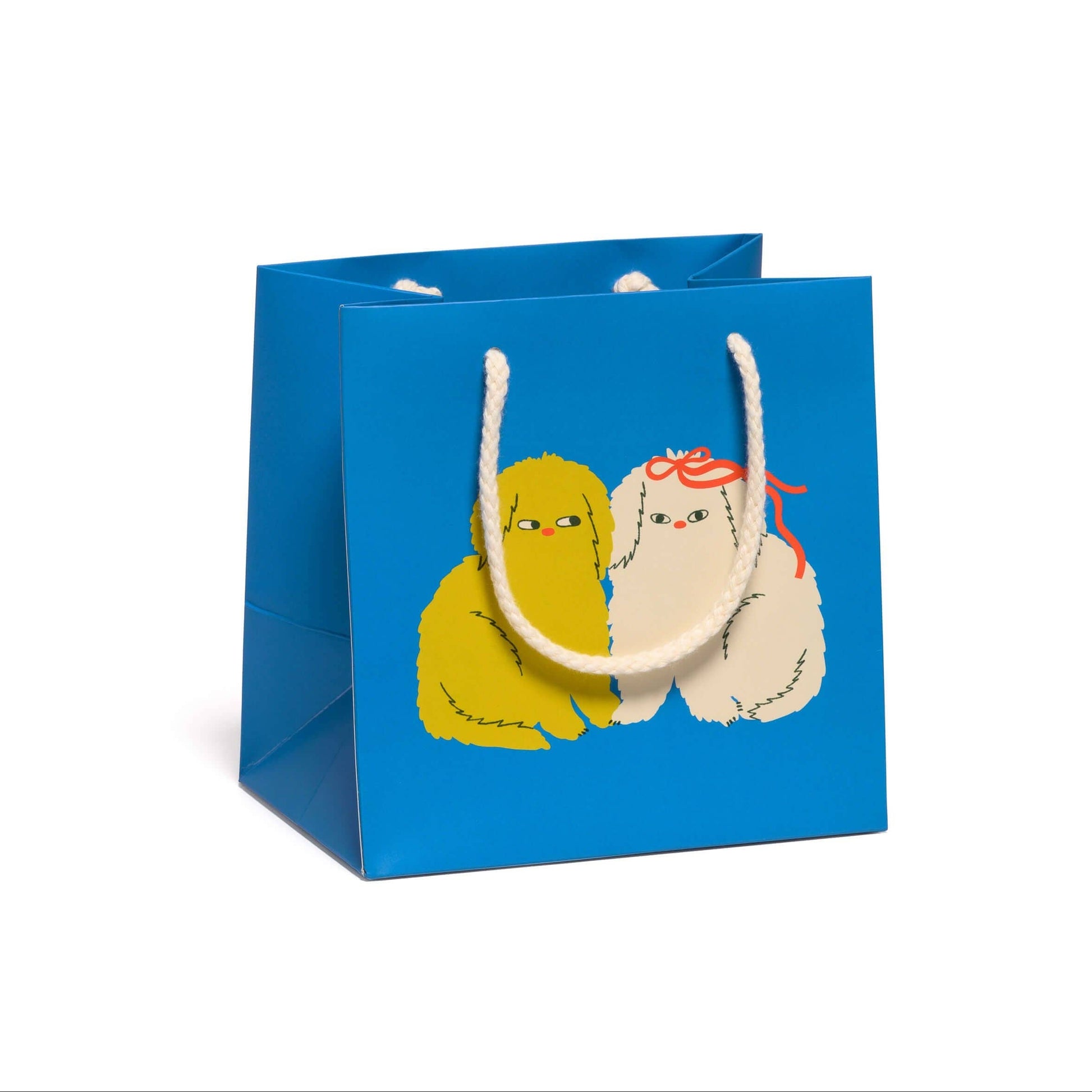 Blue gift bag with cartoon characters on a white background