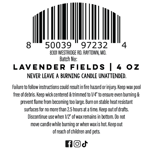 Round label with product details and safety instructions for a candle labeled 'Lavender Fields 4 oz'.|414