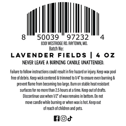 Round label with product details and safety instructions for a candle labeled 'Lavender Fields 4 oz'.|414