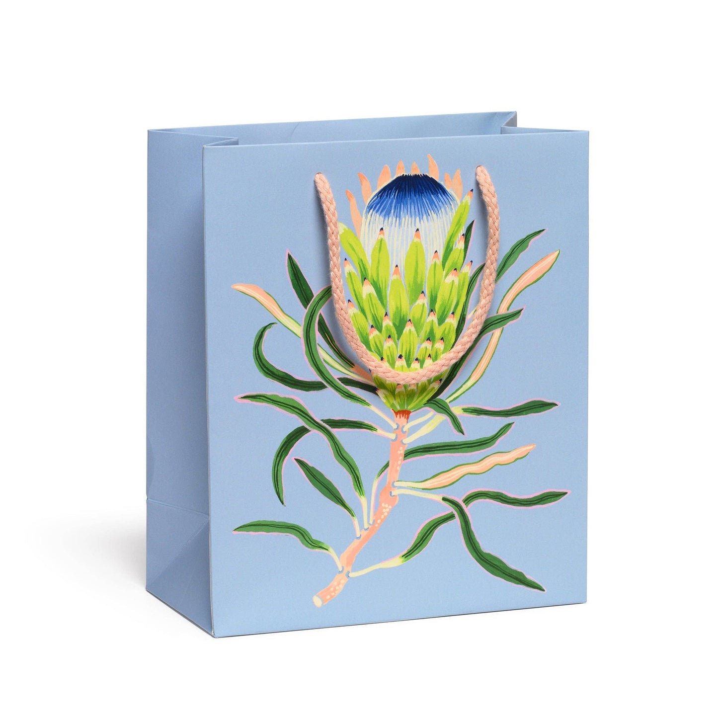 Gift bag with a floral design on a light blue background