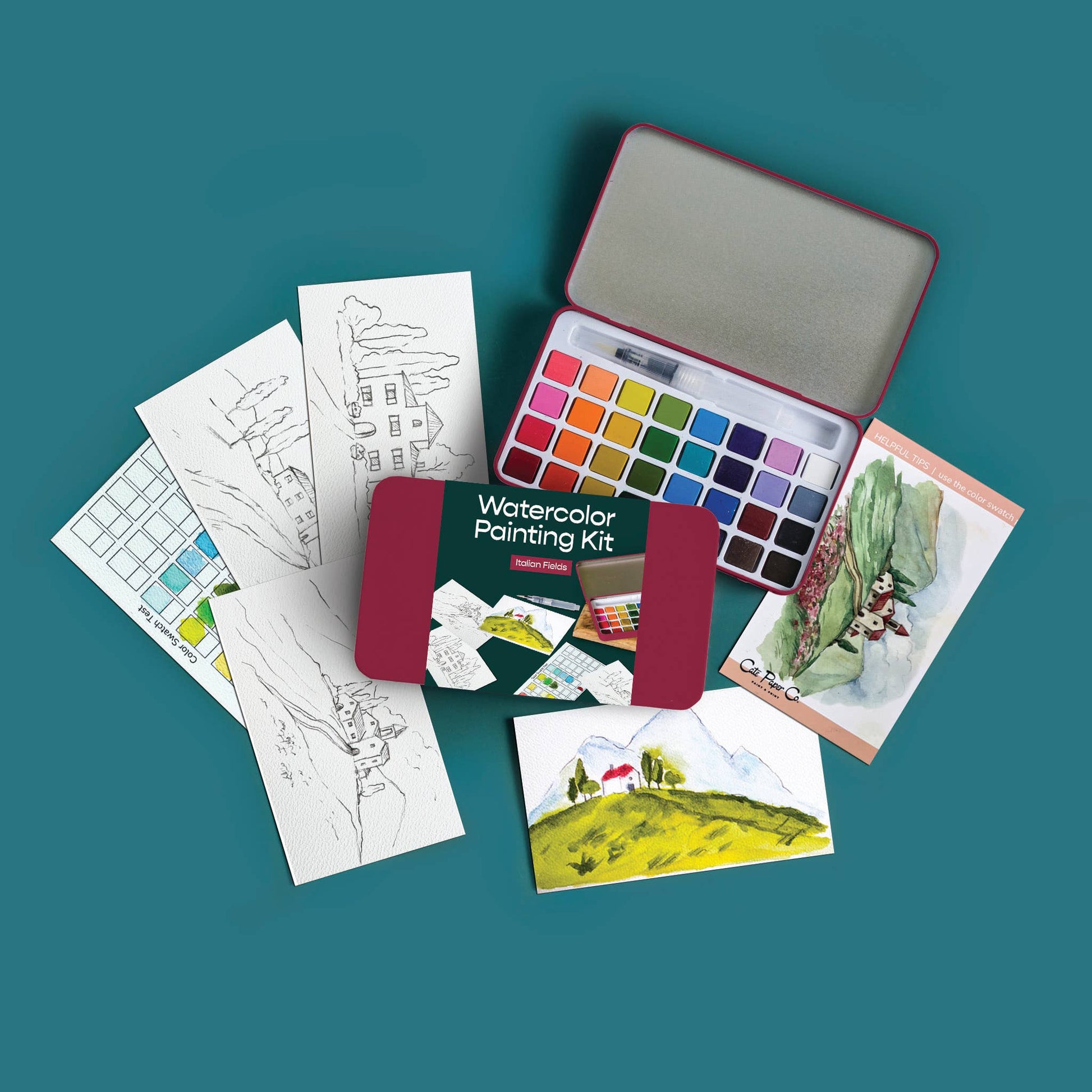 Watercolor painting kit with color swatches and sample artworks on a teal background