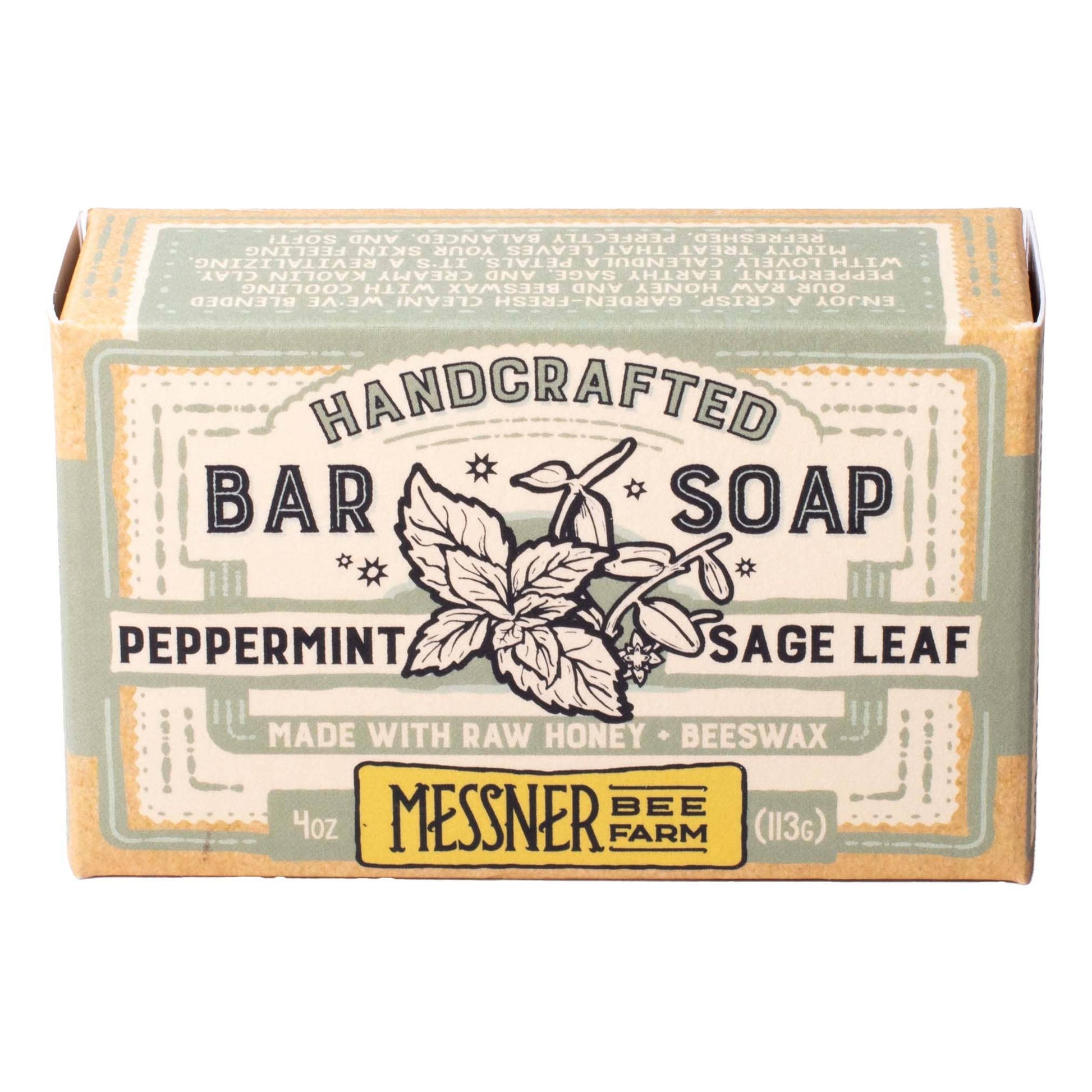 A boxed bar of Messner Bee Farm handcrafted bar soap in the Peppermint and Sage Leaf scent, shown on a plain white background.