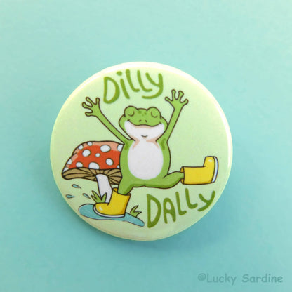 Frog & Mushroom, Dilly Dally Rainboots Pinback Button Pin