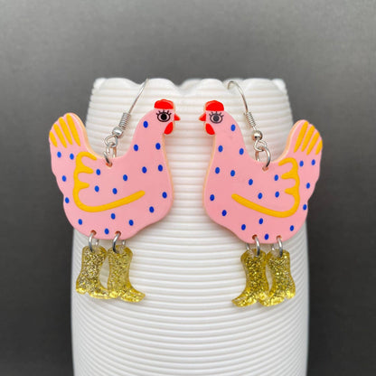 Pink Cowgirl Chicken Earrings