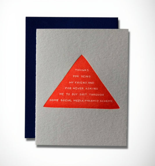 Gray card with red triangle and white text, blue envelope