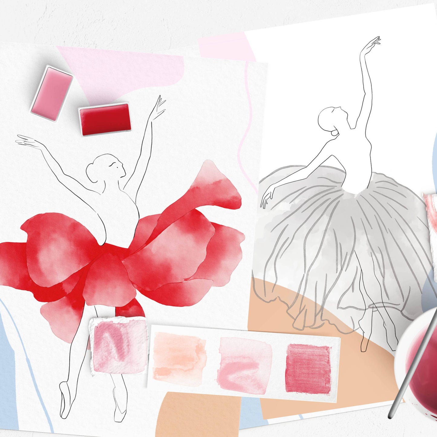 Artistic depiction of a ballerina with red tutu and pink accents on a white background.