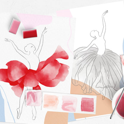 Artistic depiction of a ballerina with red tutu and pink accents on a white background.