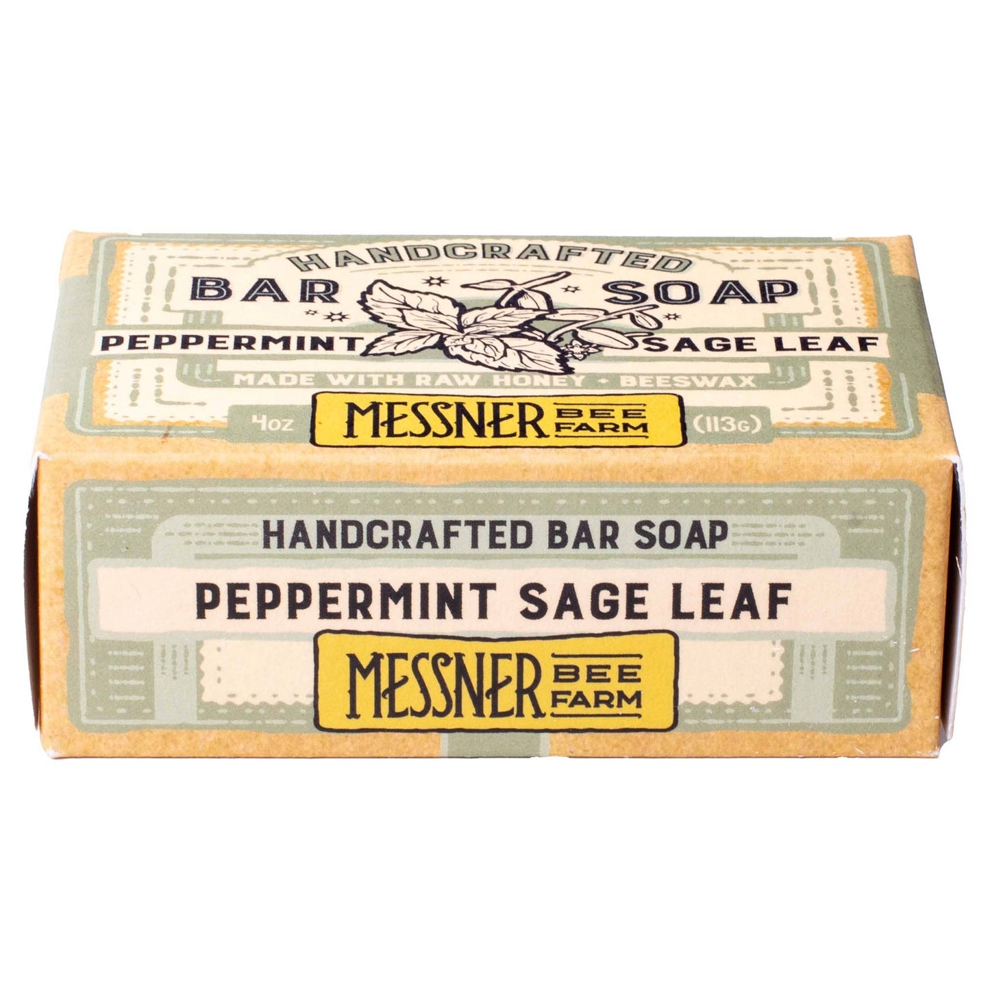 A 4 oz box of Messner Bee Farm Handcrafted Bar Soap in Peppermint Sage Leaf scent, shown on a clean white background.