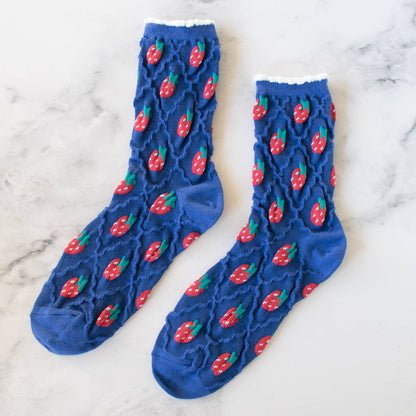 Retro Strawberry Casual Socks: Blue/Strawberry