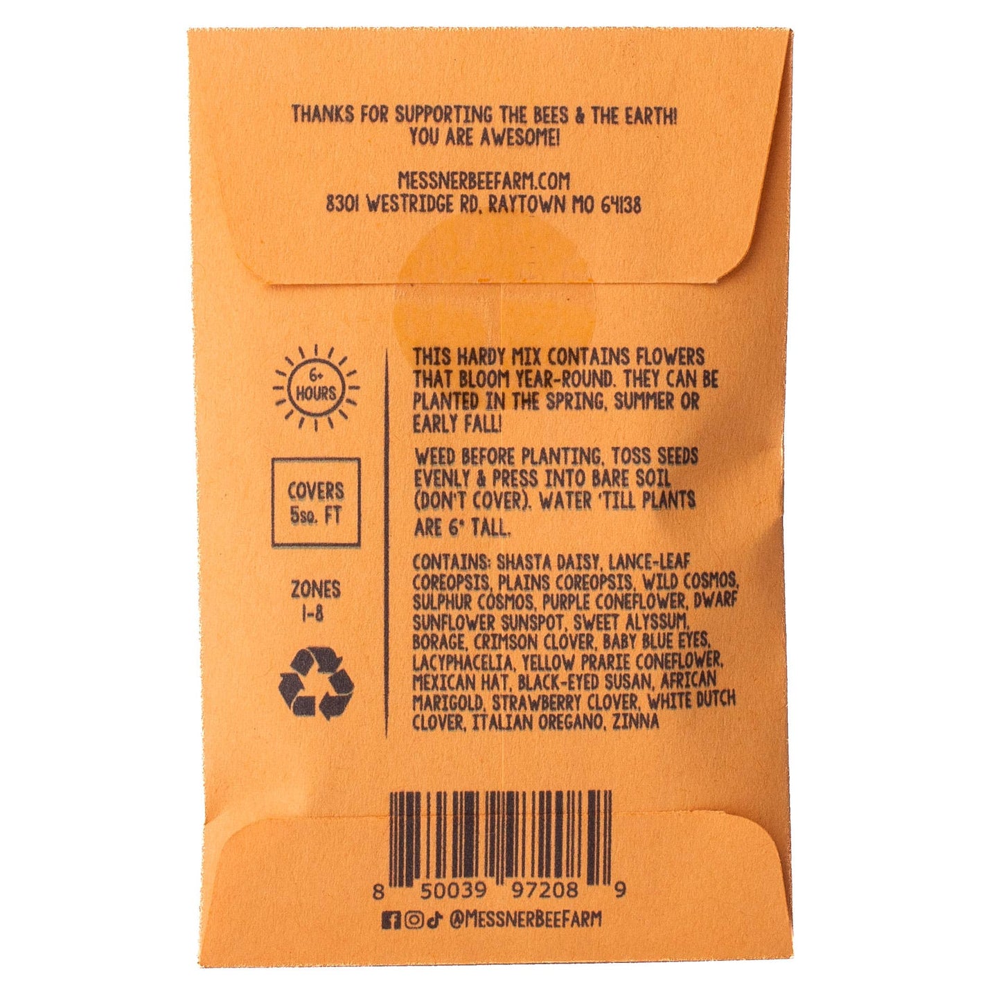 Back of a brown seed packet with text and branding