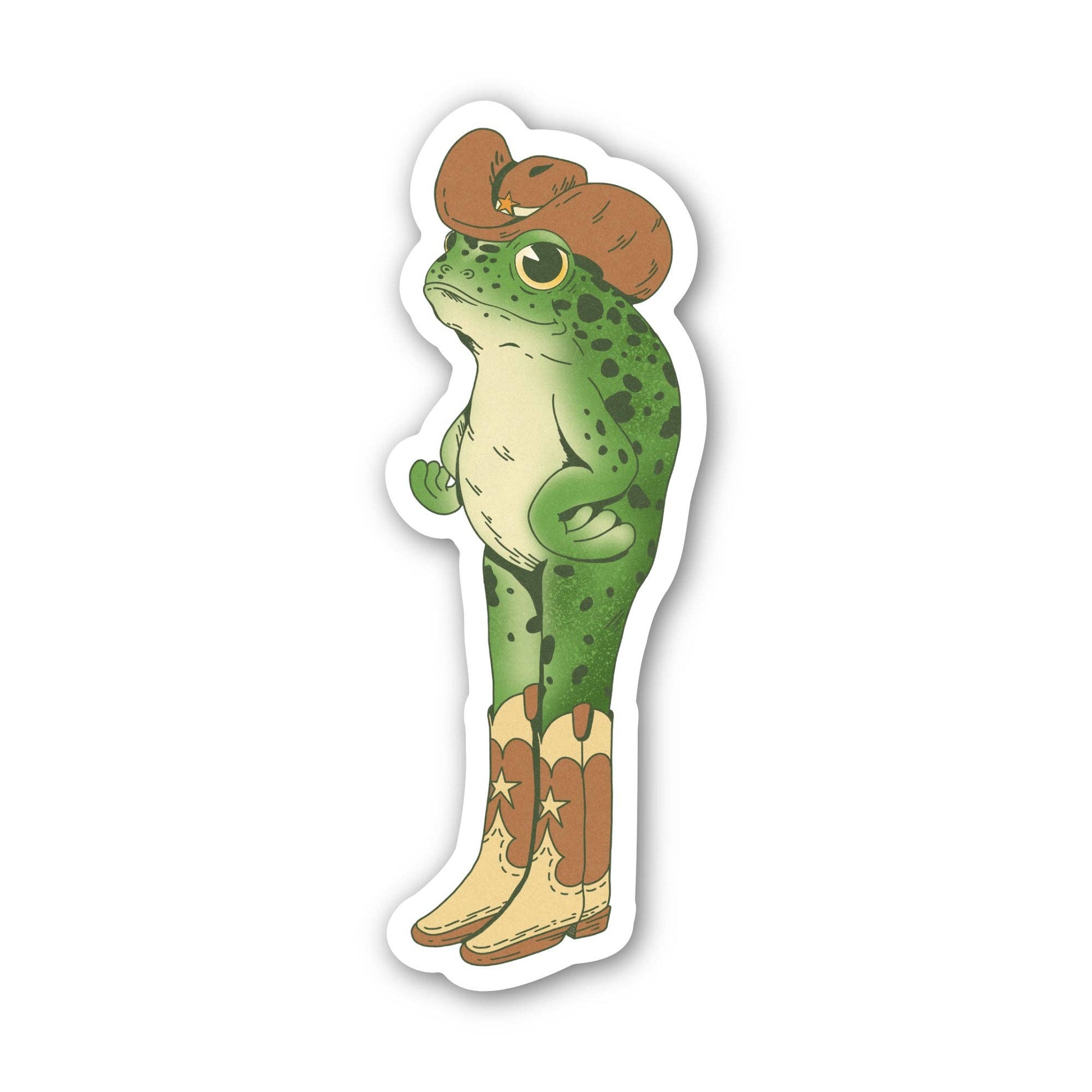 Frog wearing cowboy boots and a hat on a white background