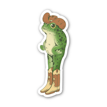 Frog wearing cowboy boots and a hat on a white background
