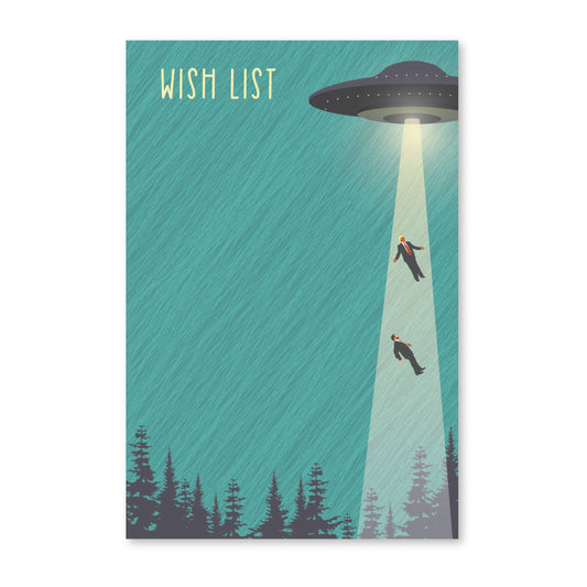 Notepad with a UFO design and 'Wish List' text on a teal background
