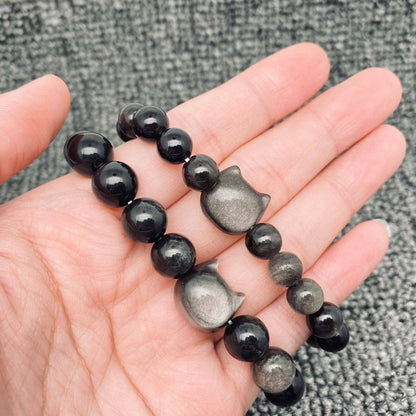 Obsidian Beaded Bracelet w/ Cat Head