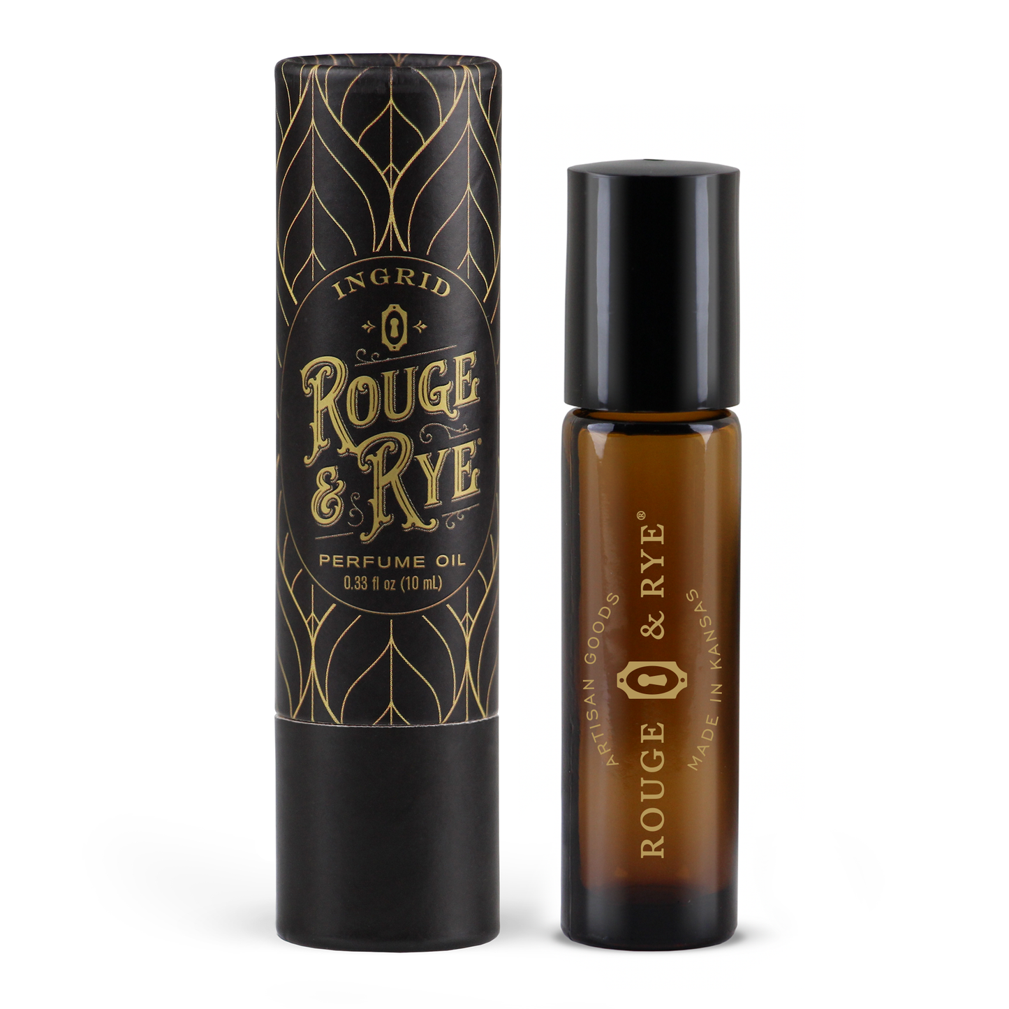 Perfume oil bottle and packaging with 'Rouge & Rye' branding on a white background