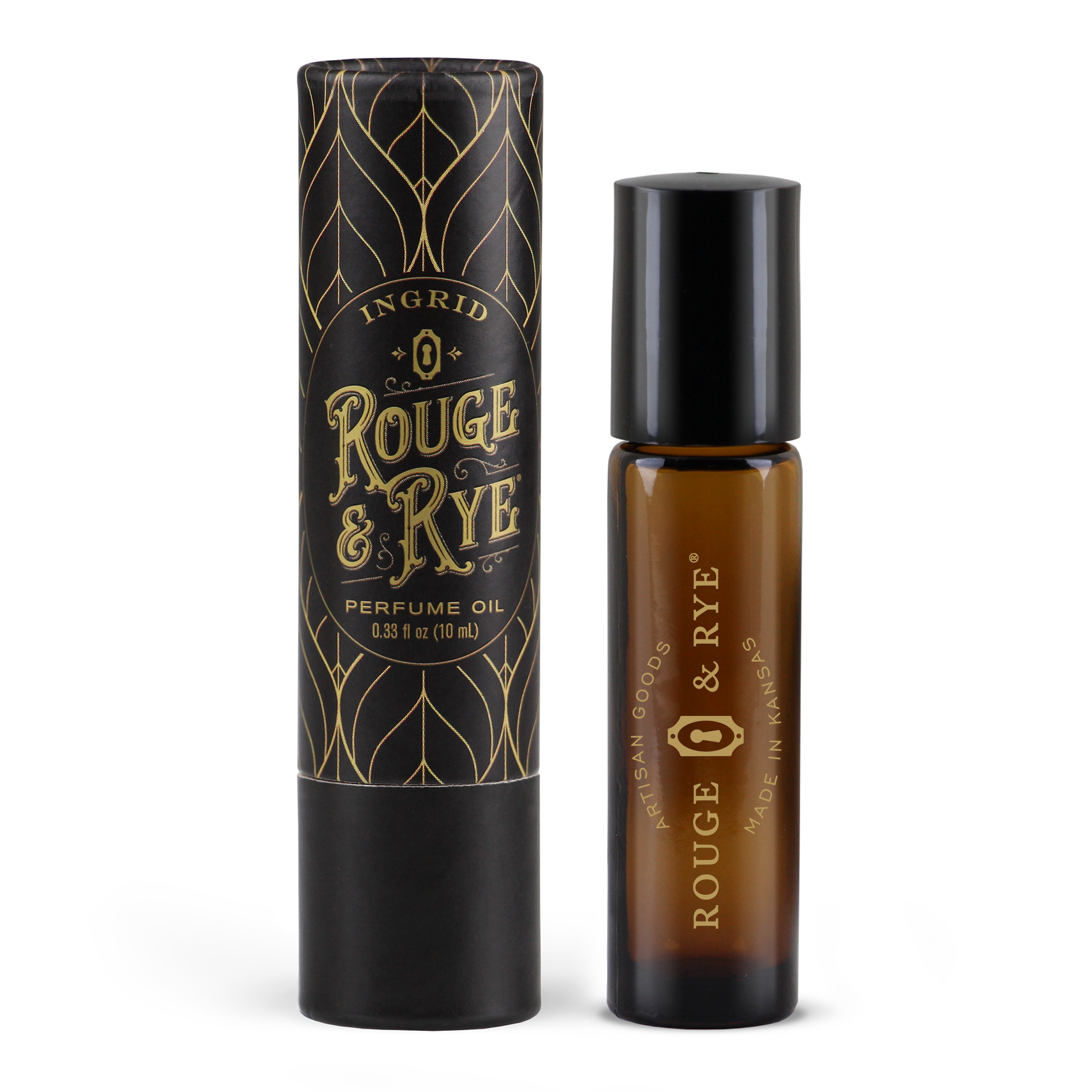 Perfume oil bottle and packaging with 'Rouge & Rye' branding on a white background