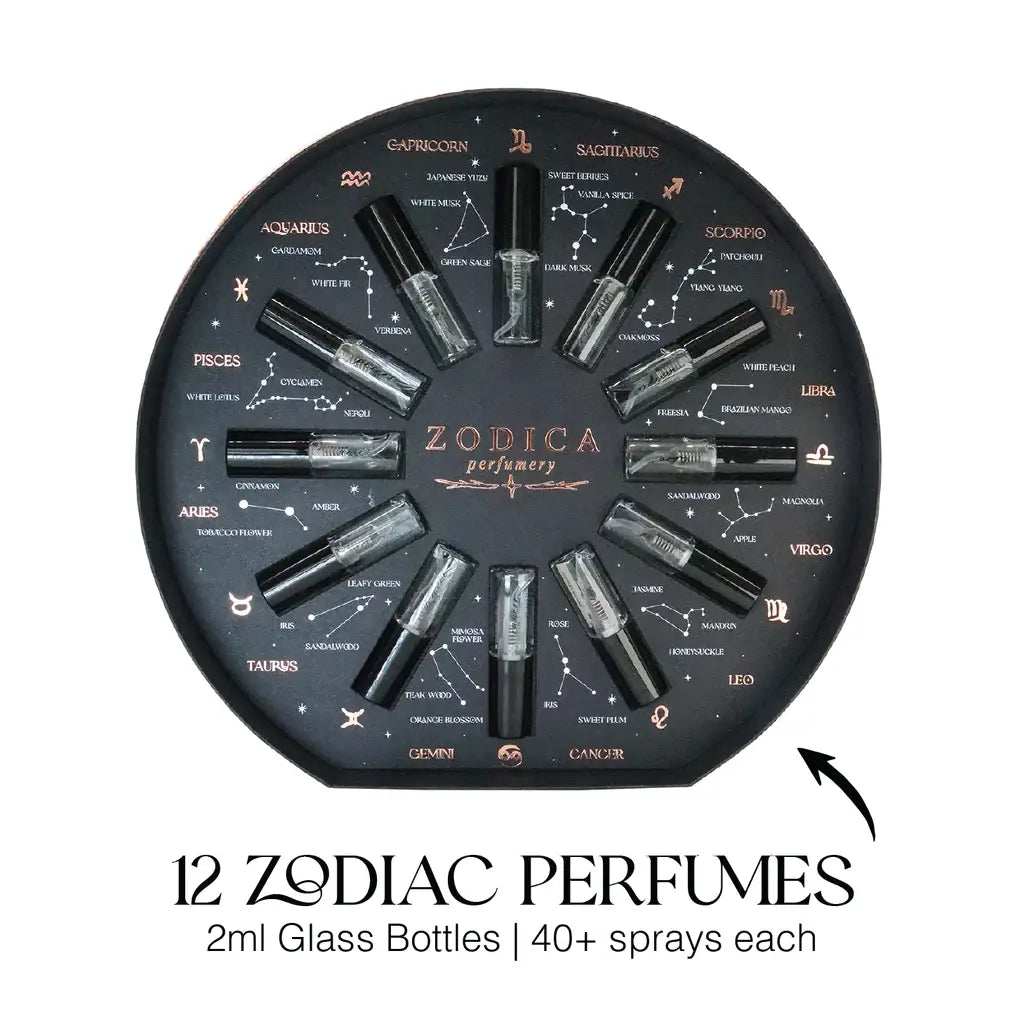 Zodiac perfume set with 12 bottles arranged in a circular pattern on a dark background.