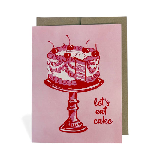 Greeting card with a cake illustration and 'let's eat cake' text on a pink background