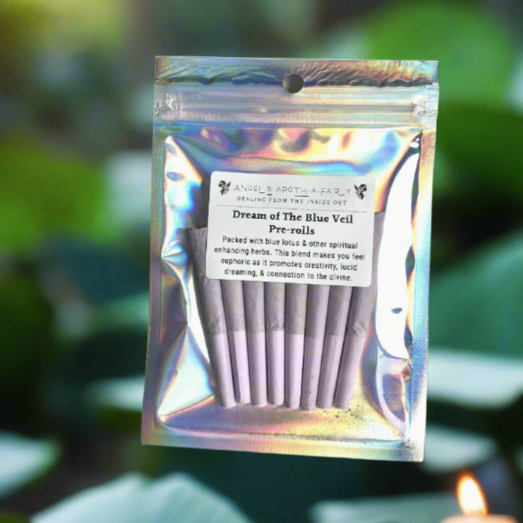 A small holographic zip pouch containing several pale purple cone pre-roll herbal smokes.