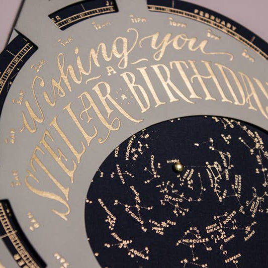 Decorative clock with celestial design and 'Wishing you a stellar birthday!' text