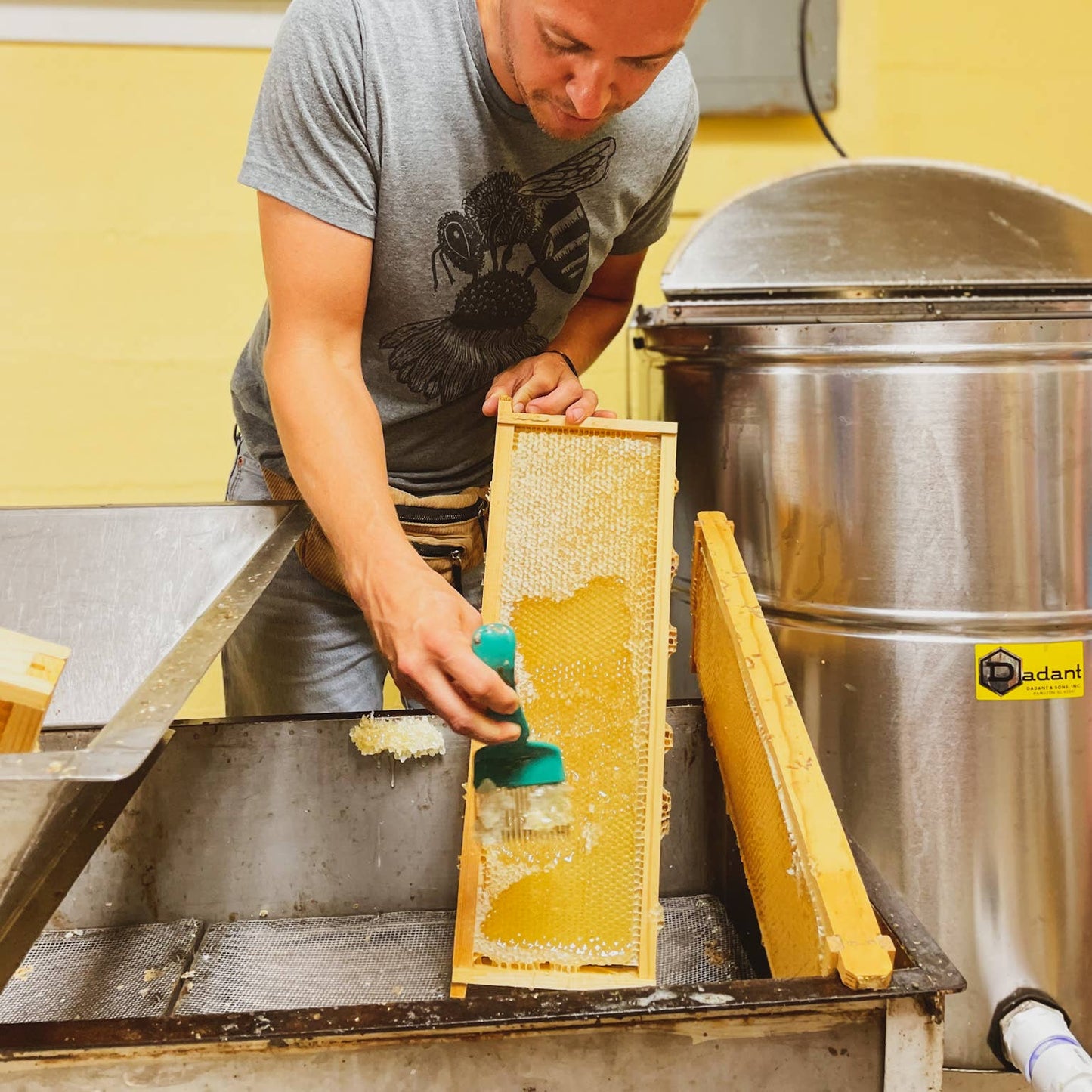 Person cleaning honeycomb frames in a kitchen setting