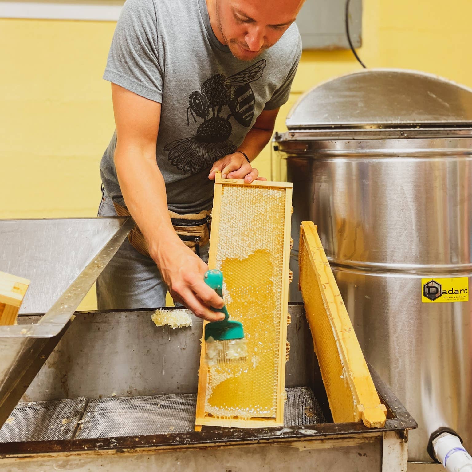 Person cleaning honeycomb frames in a kitchen setting