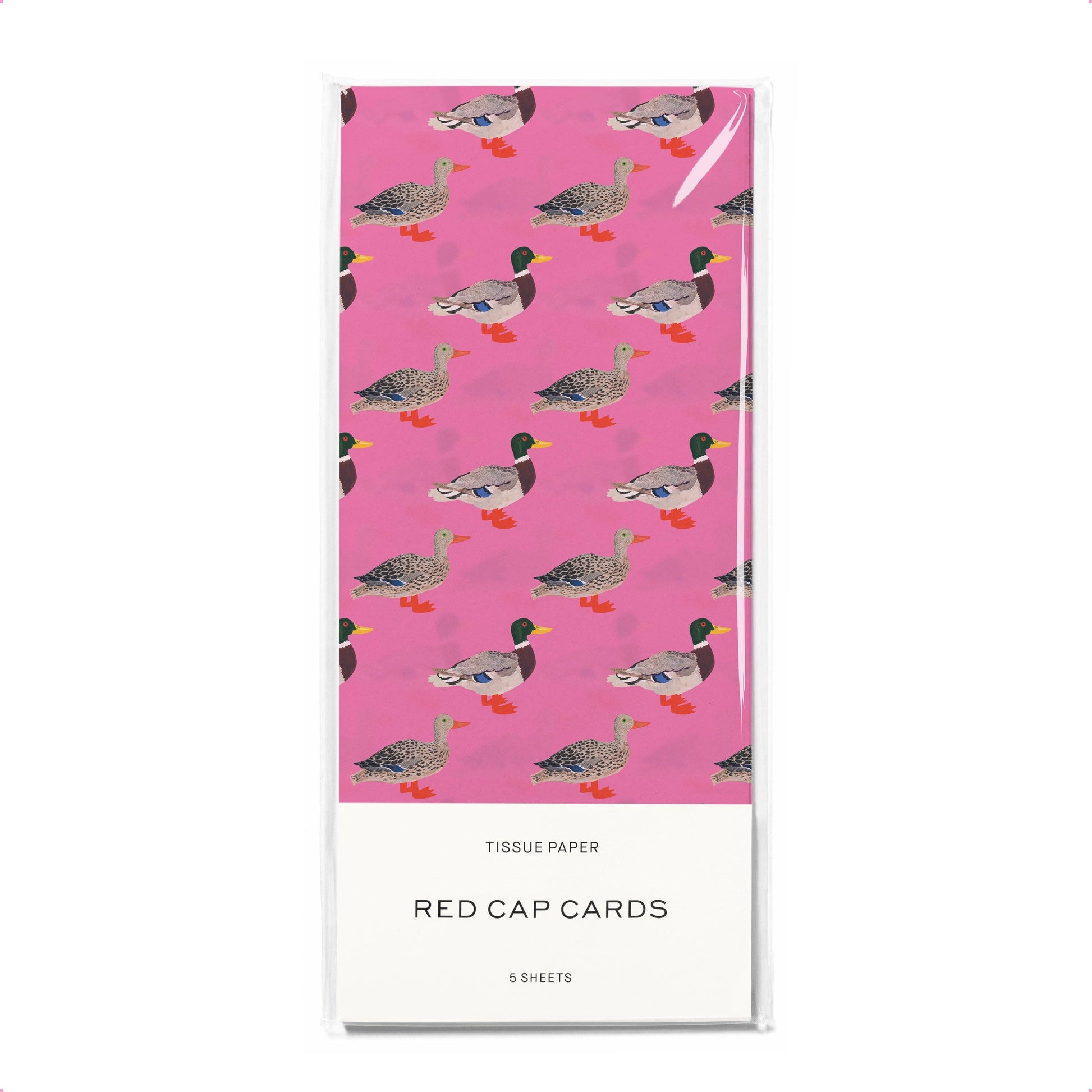 Tissue paper with duck pattern on a pink background, branded 'Red Cap Cards'.