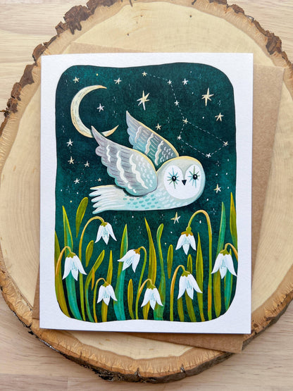 Barn Owl + Snowdrop Flowers | Blank Card
