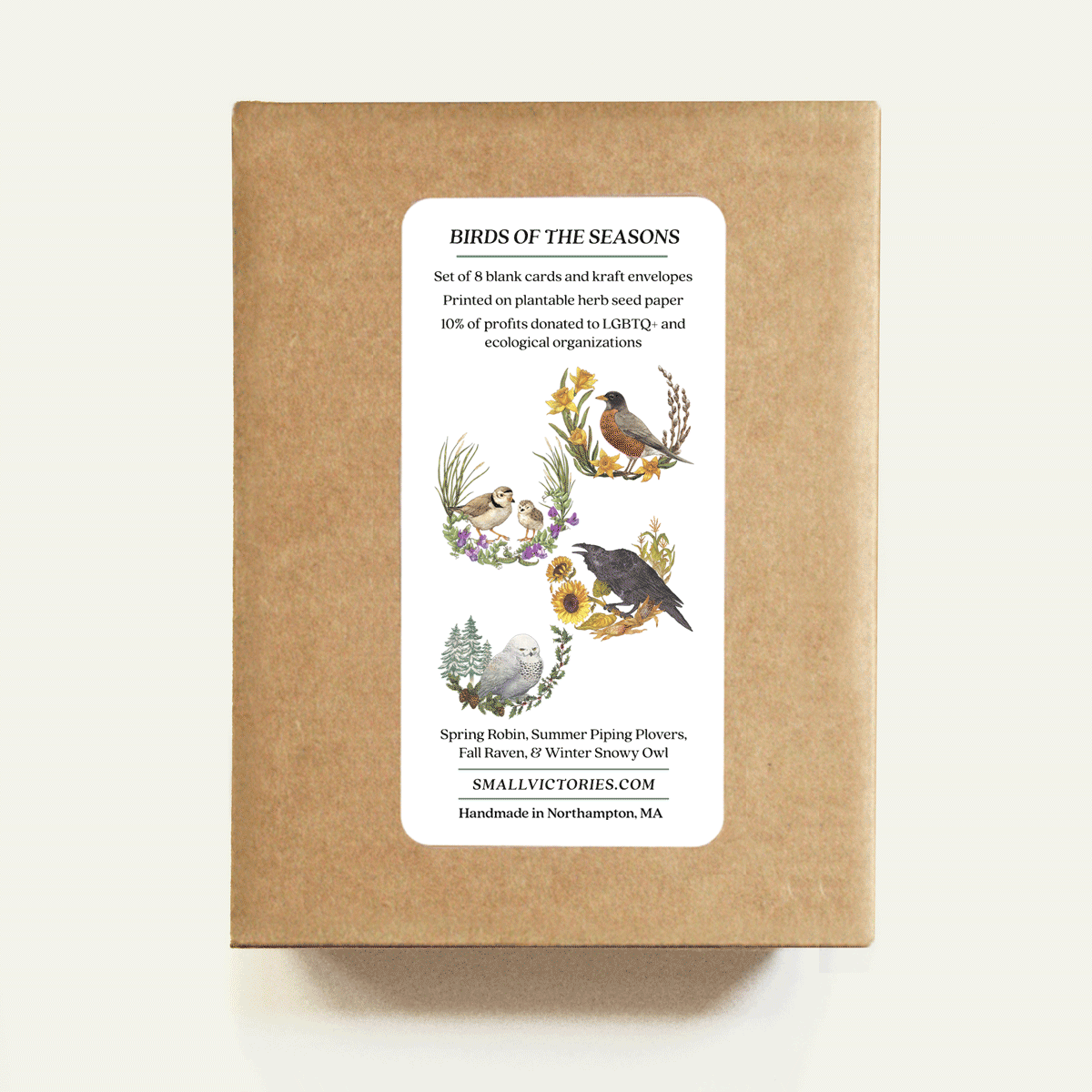 Kraft paper box with bird illustrations and text on a white background