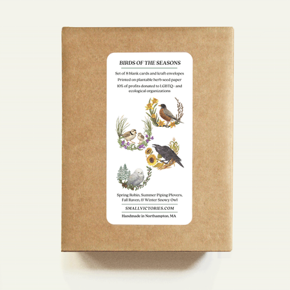 Kraft paper box with bird illustrations and text on a white background