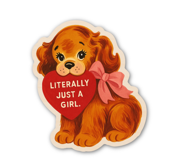 Sticker of a dog holding a heart with text on a white background