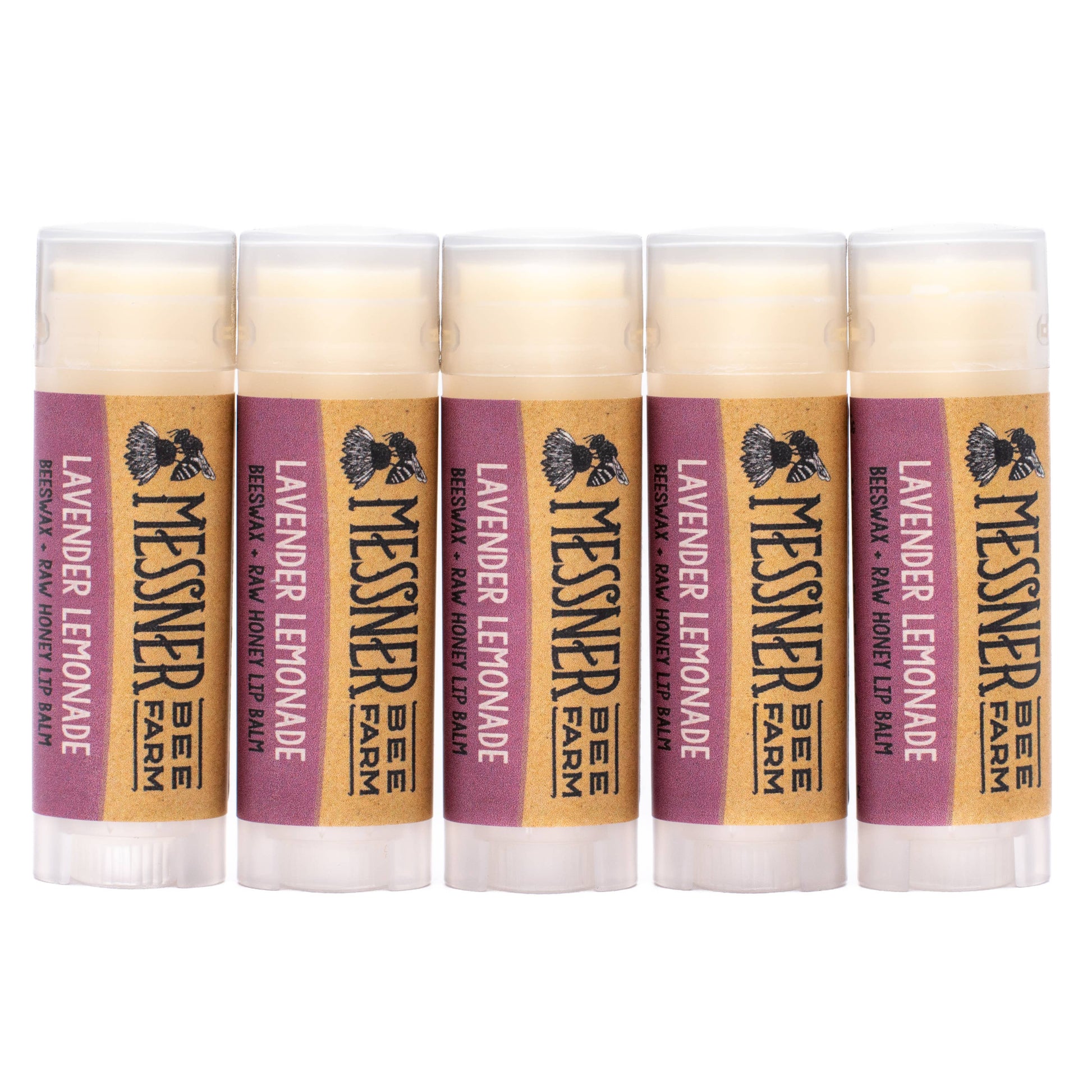 Five lip balm tubes from Messner Farm on a white background