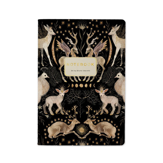 Notebook with deer and antelope design on a black background