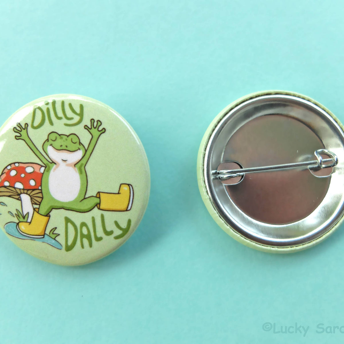 Frog & Mushroom, Dilly Dally Rainboots Pinback Button Pin