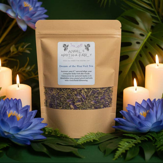 Tea packaging with candles and flowers on a dark green background