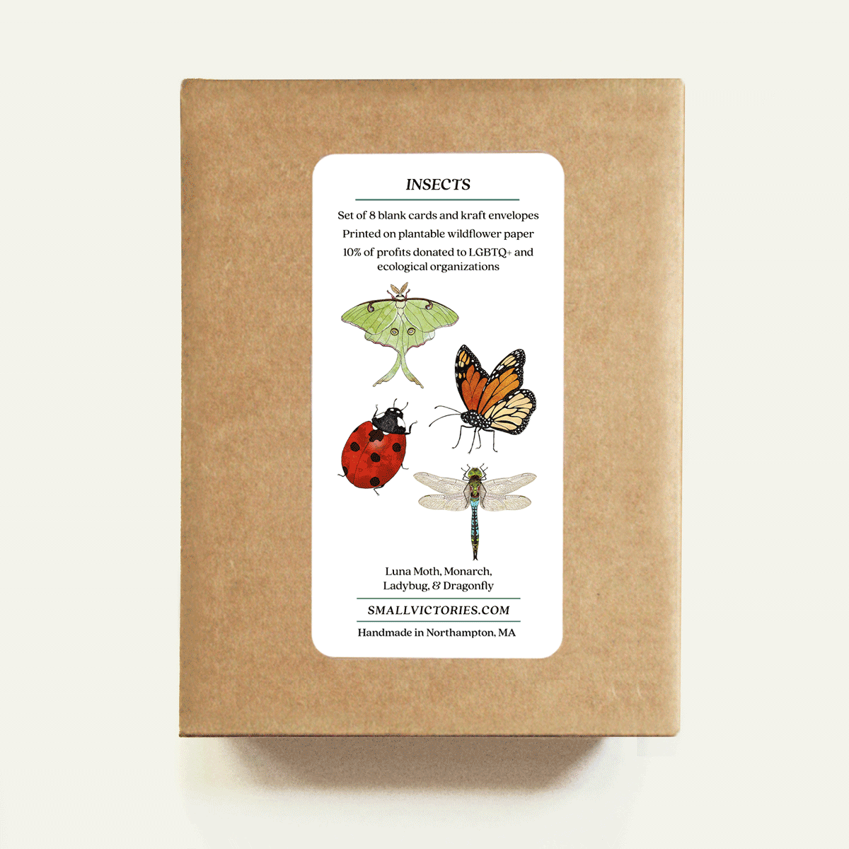 Kraft paper box with illustrations of insects and a label on a white background