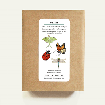 Kraft paper box with illustrations of insects and a label on a white background