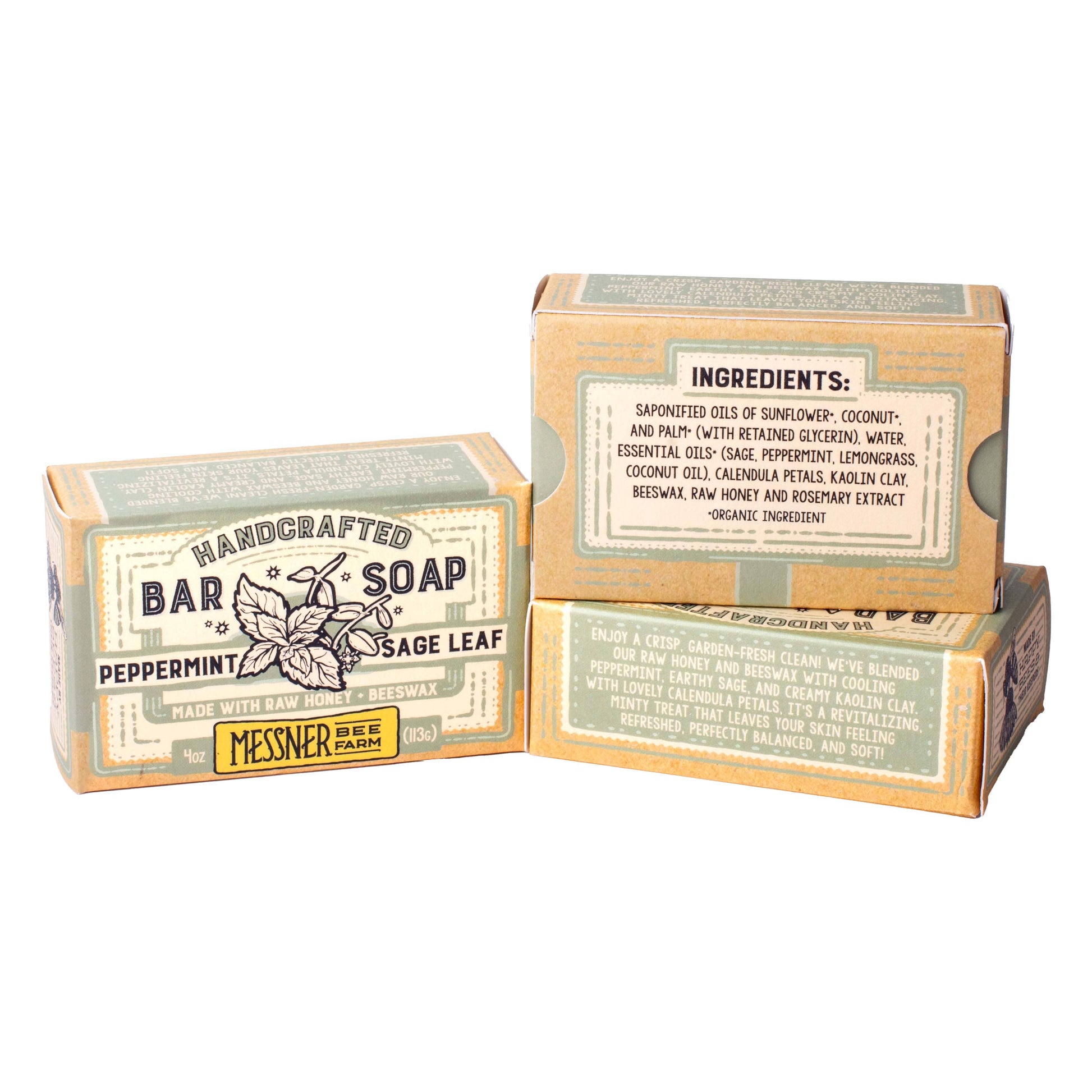 Three boxes of Messnerer Handcrafted Bar Soap arranged on a plain white background. The boxes are kraft paper with sage green labels and one box is shown open to reveal the soap inside.