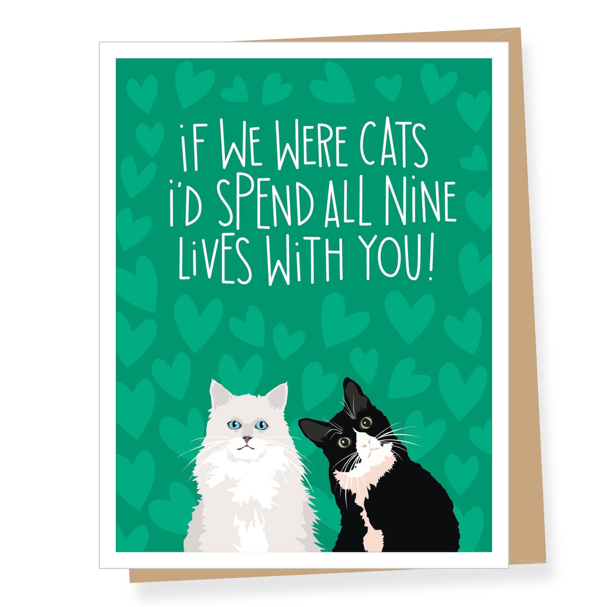 Greeting card with two cats and a romantic message on a green heart-patterned background