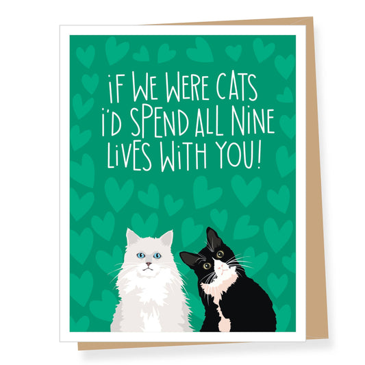Greeting card with two cats and a romantic message on a green heart-patterned background