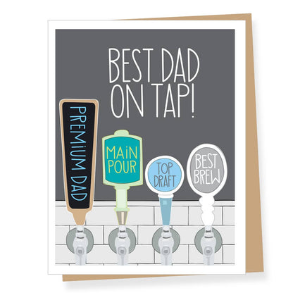Greeting card with beer tap design and text 'Best Dad on Tap!' on a gray background.